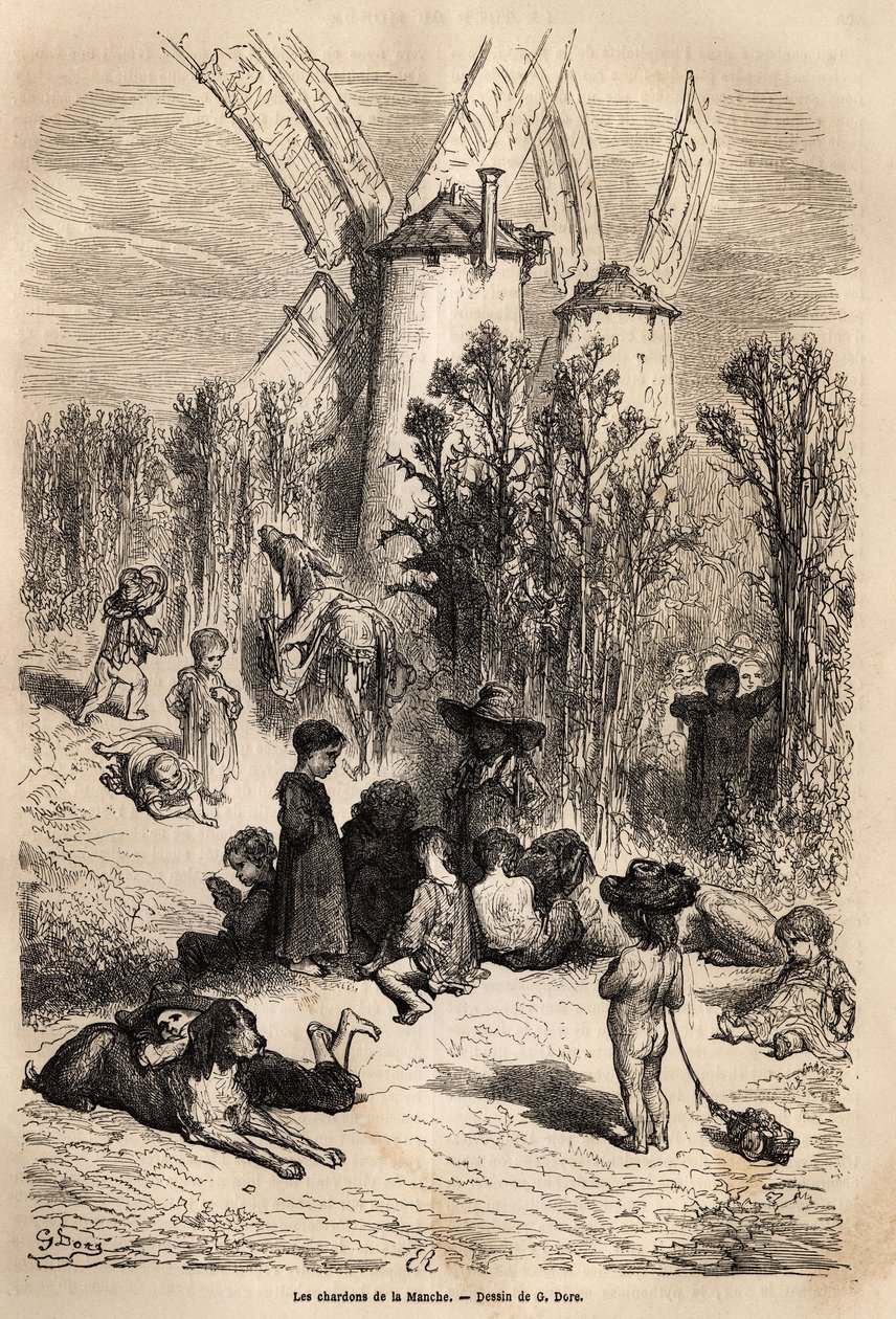 The Thistles of the Channel, at the Foot of the Mills Dear to Don Quixote, with the Representation of a Yeast, a Dog Breed Very Frequent in the Region (the Figure of the Galgo Corredor Always Starving in Don Quixote) and a Crowd of Beggars Children, True S by Gustave Dore