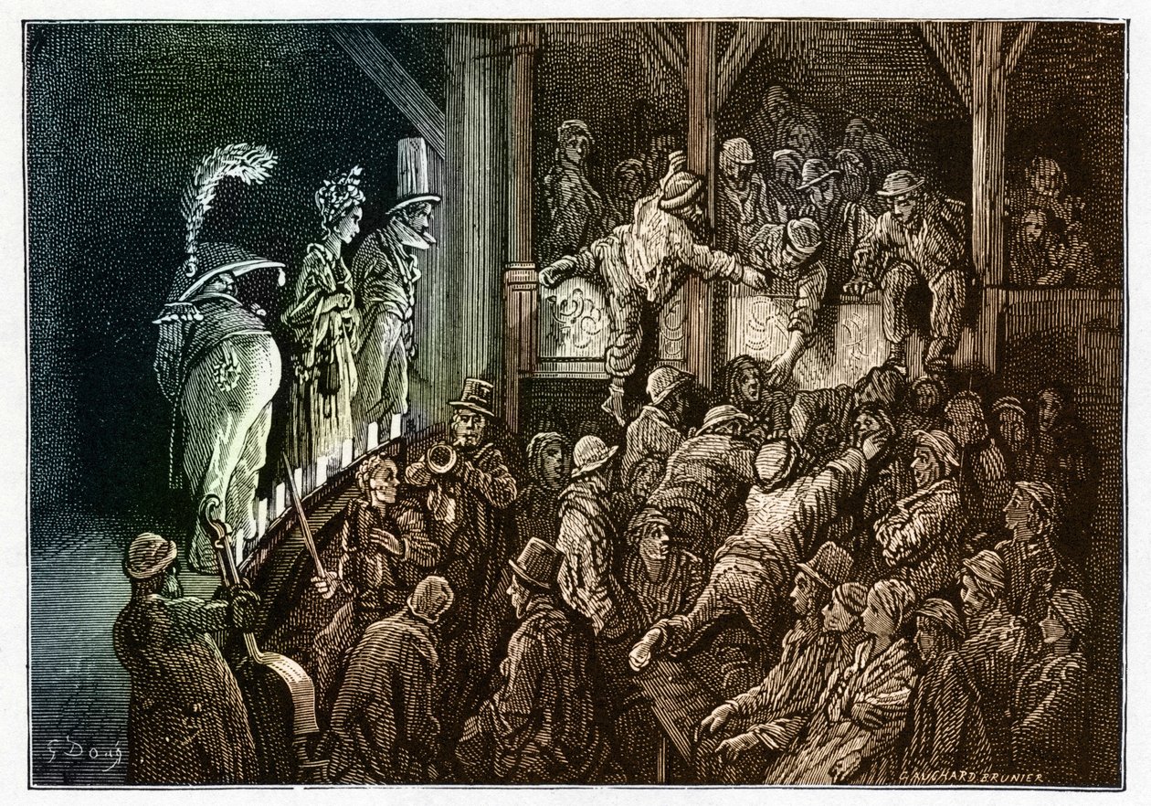 Theatre: the audience during a theatrical performance. Colorful engraving from "London, a Pilgrimage" illustrated by Gustave Doré by Gustave Dore