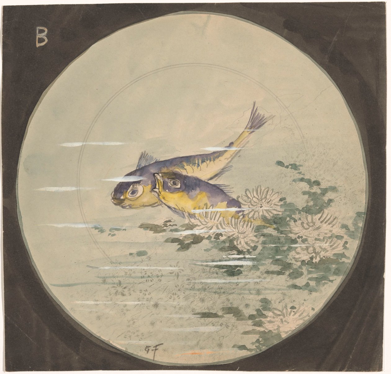 Design for a Plate with Two Blue-Yellow Fish by Water Lilies by Gustave Fraipont (signed by artist)