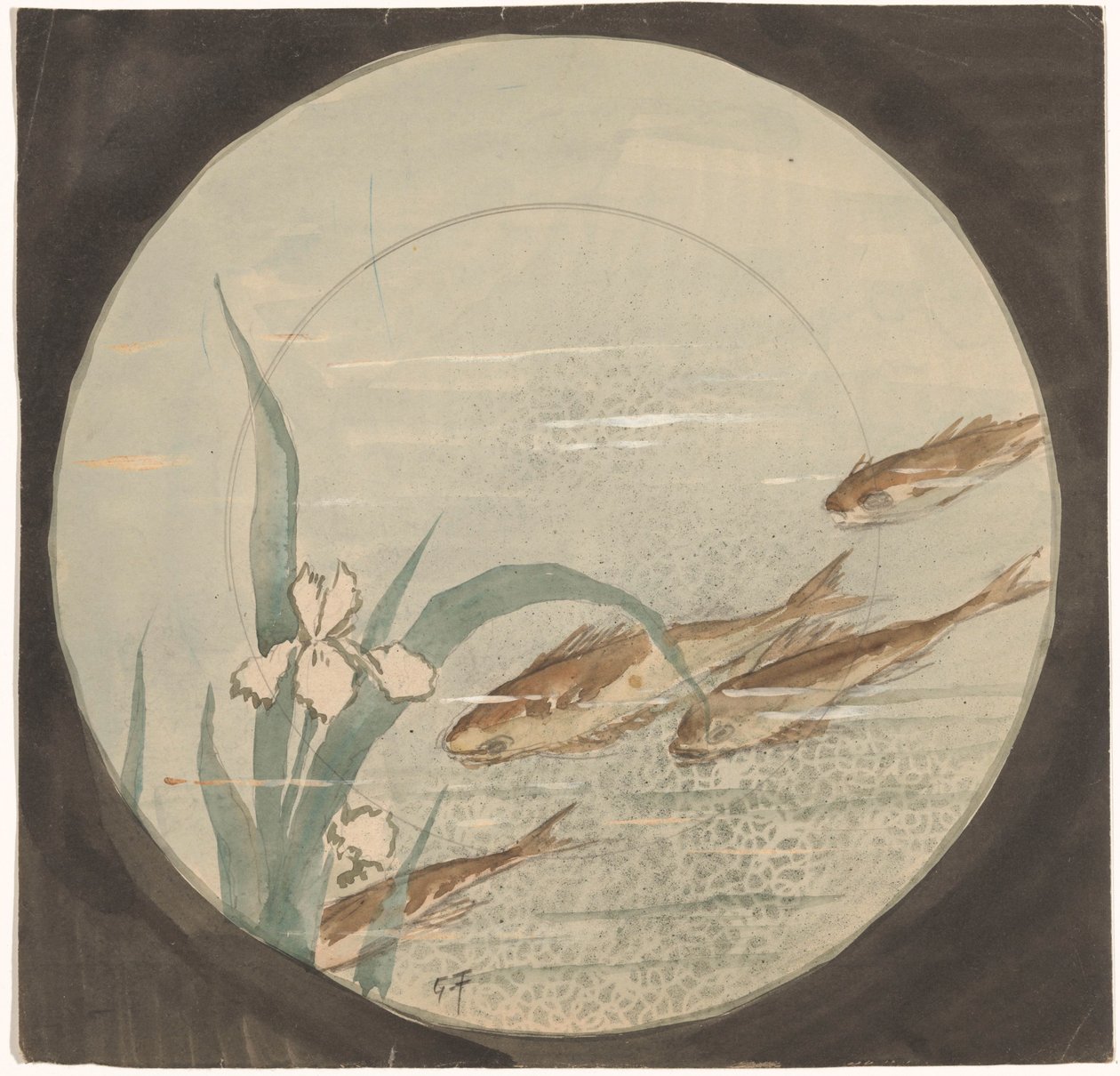 Design for a Plate with Four Brown Fish Swimming Downwards by a White Iris by Gustave Fraipont (signed by artist)