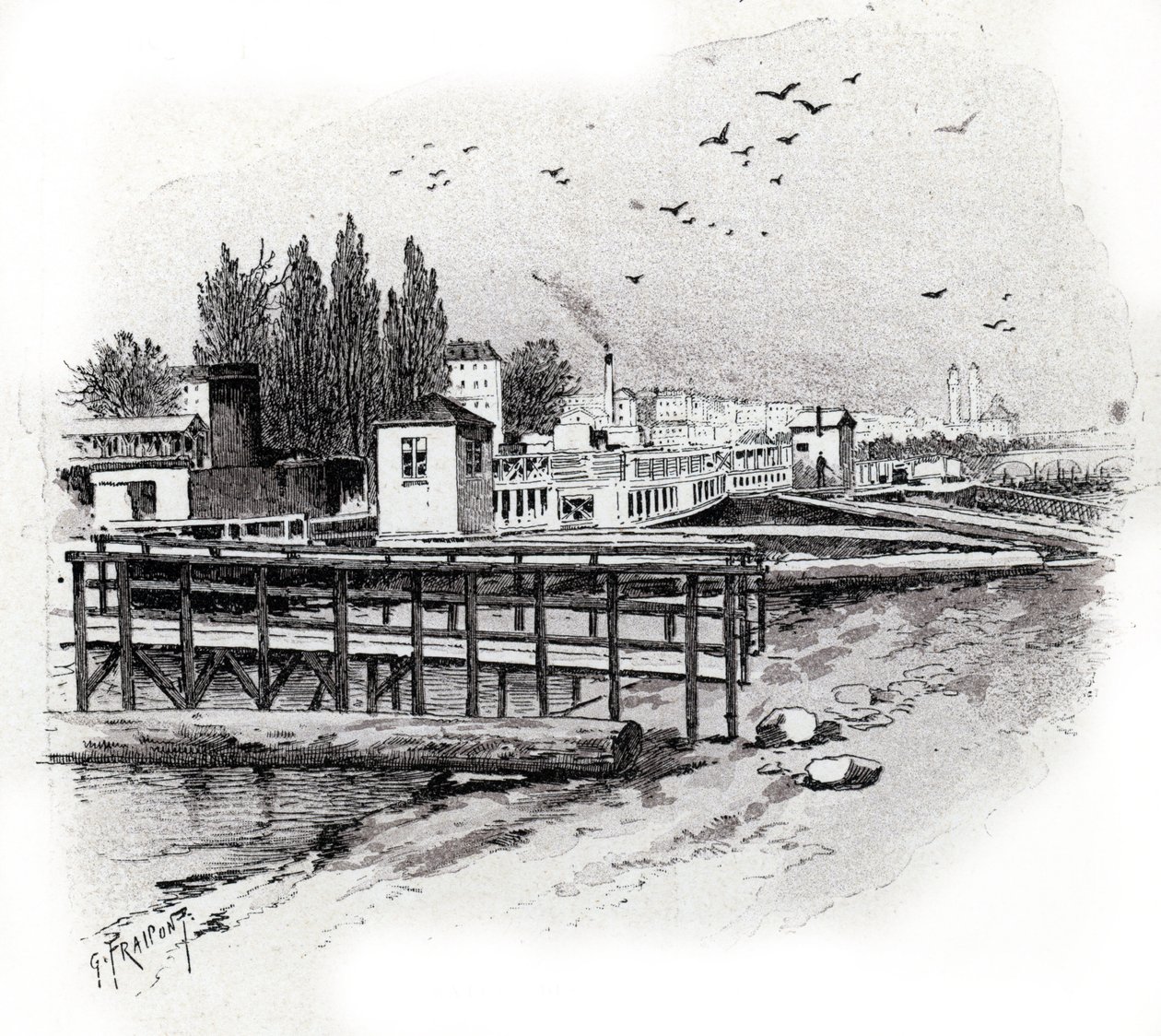 Water Buses Repair Workshops on the Seine River in Paris by Gustave Fraipont
