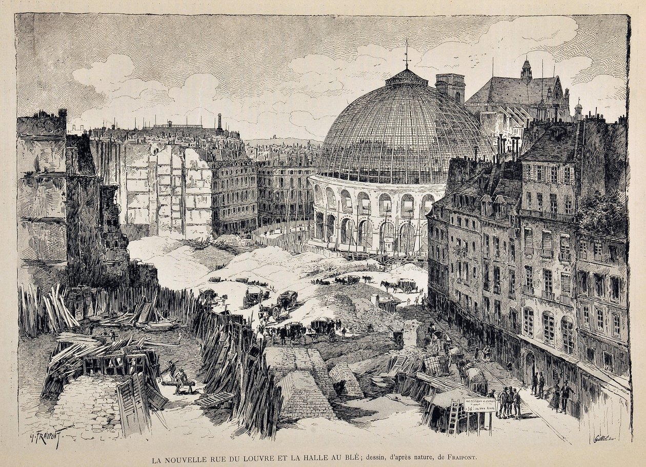 The New Rue du Louvre and the Halle au Ble in Paris in 1887. Illustration by Gustave Fraipont (1849 - 1923). Engraving from 1887 in 