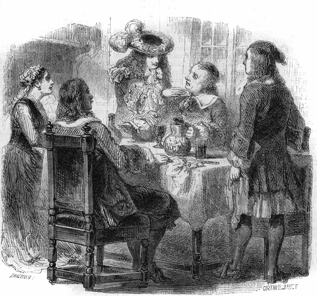 Russian tsar Peter the Great (1672-1725), hosted in France with the Kalf family, observes the discussion between his host and a drunken, the Marquis de Bernardini. Engraving by Gustave Janet by Gustave Janet