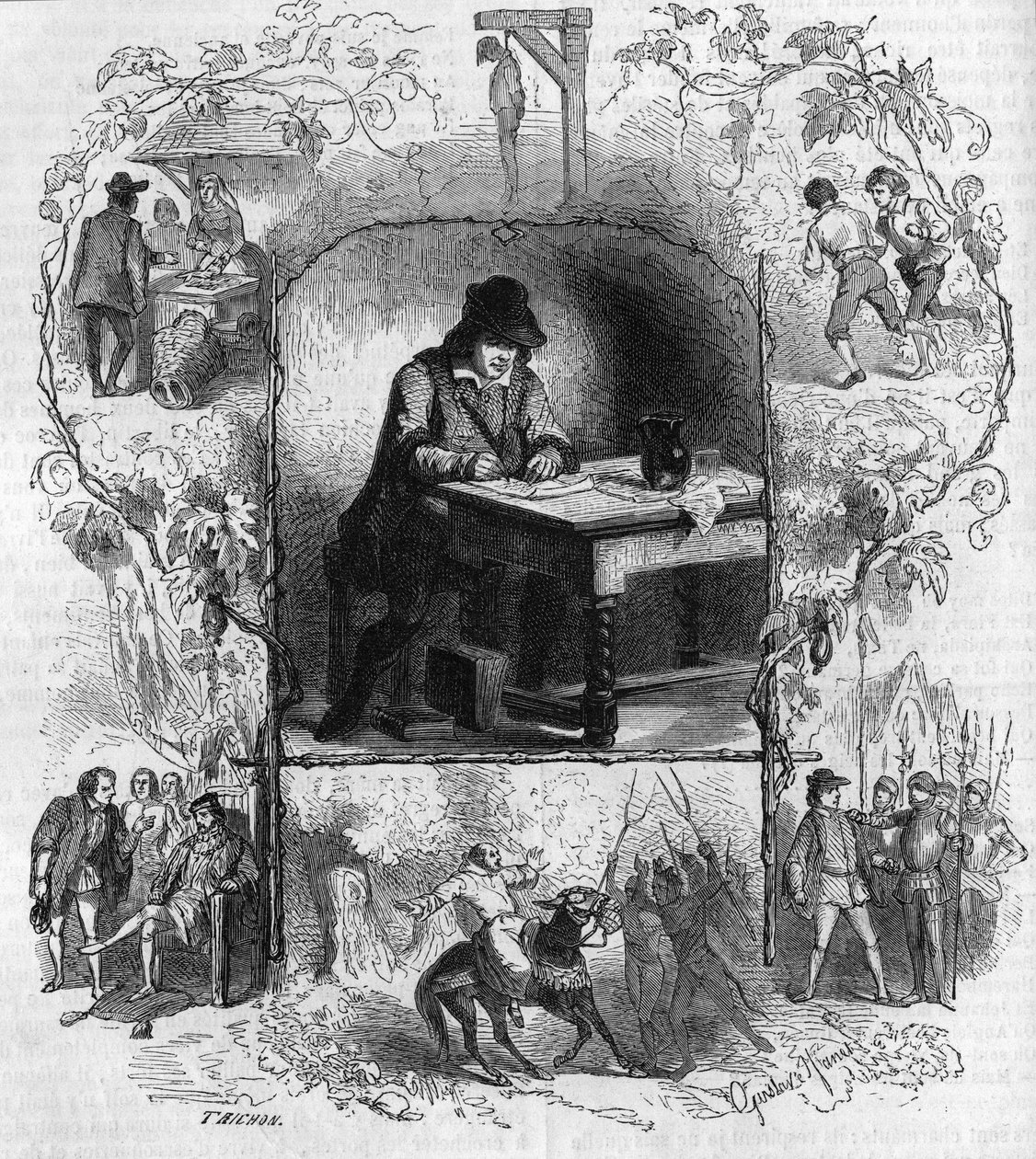 The poet Francois Villon (1431-1463) writing his will surrounded by different episodes of his life. Engraving by Gustave Janet by Gustave Janet