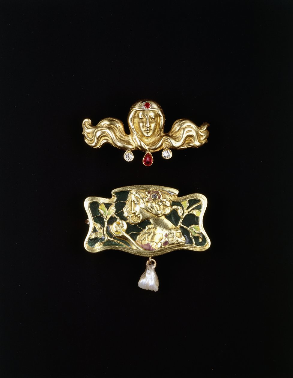An Art Nouveau Brooch by Gustave-Roger Sandoz, and an Art Nouveau Brooch Shaped Metal Set with Plique a Jour and a Pearl Drop, Gold Coloured Brooch and Precious Stones, c.1900 by Gustave Roger Sandoz
