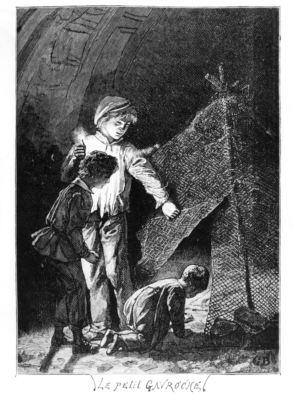 Gavroche and His Two Brothers in the Bastille Elephant, illustration from Les Miserables by Victor Hugo, c. 1885 by Gustave after Brion
