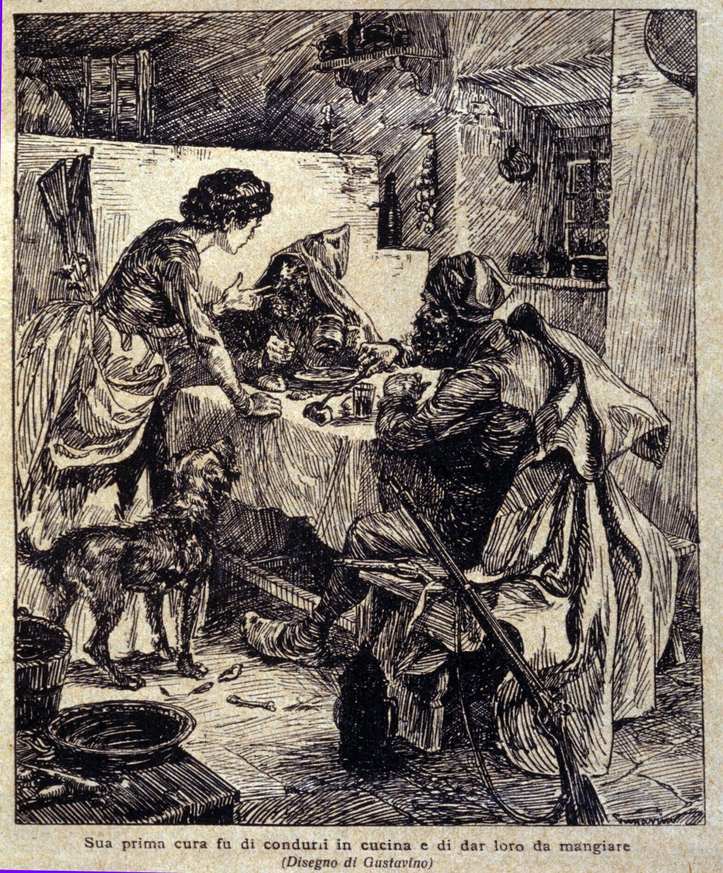His first concern was to drive them to the kitchen and feed them... Illustration of the new 