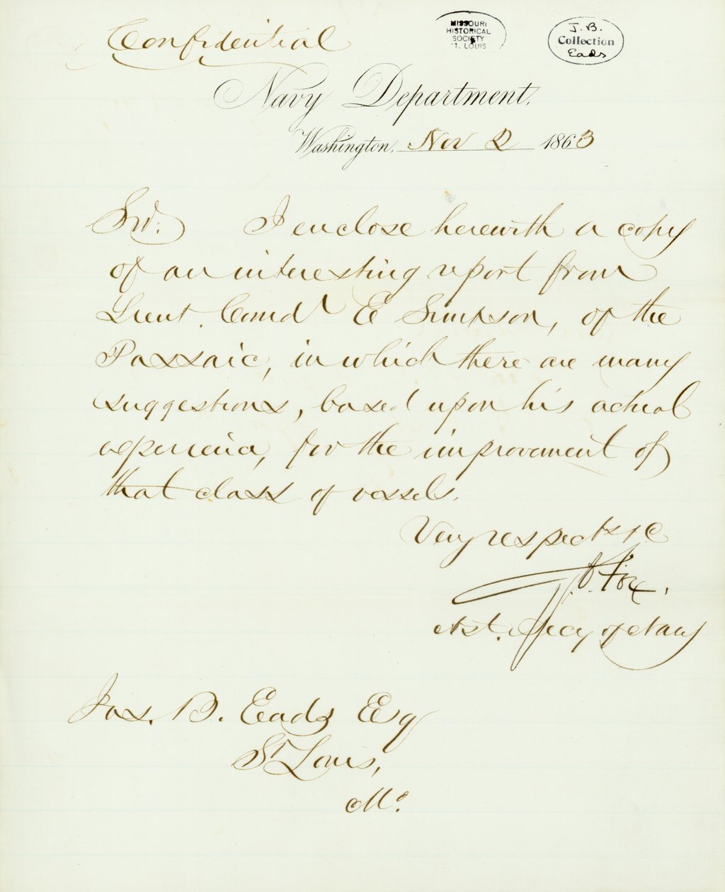 Letter signed G.V. Fox, Navy Department, Washington, to Jas. B. Eads [James B. Eads], St. Louis, Mo., November 2, 1863 by Gustavus Vasa Fox