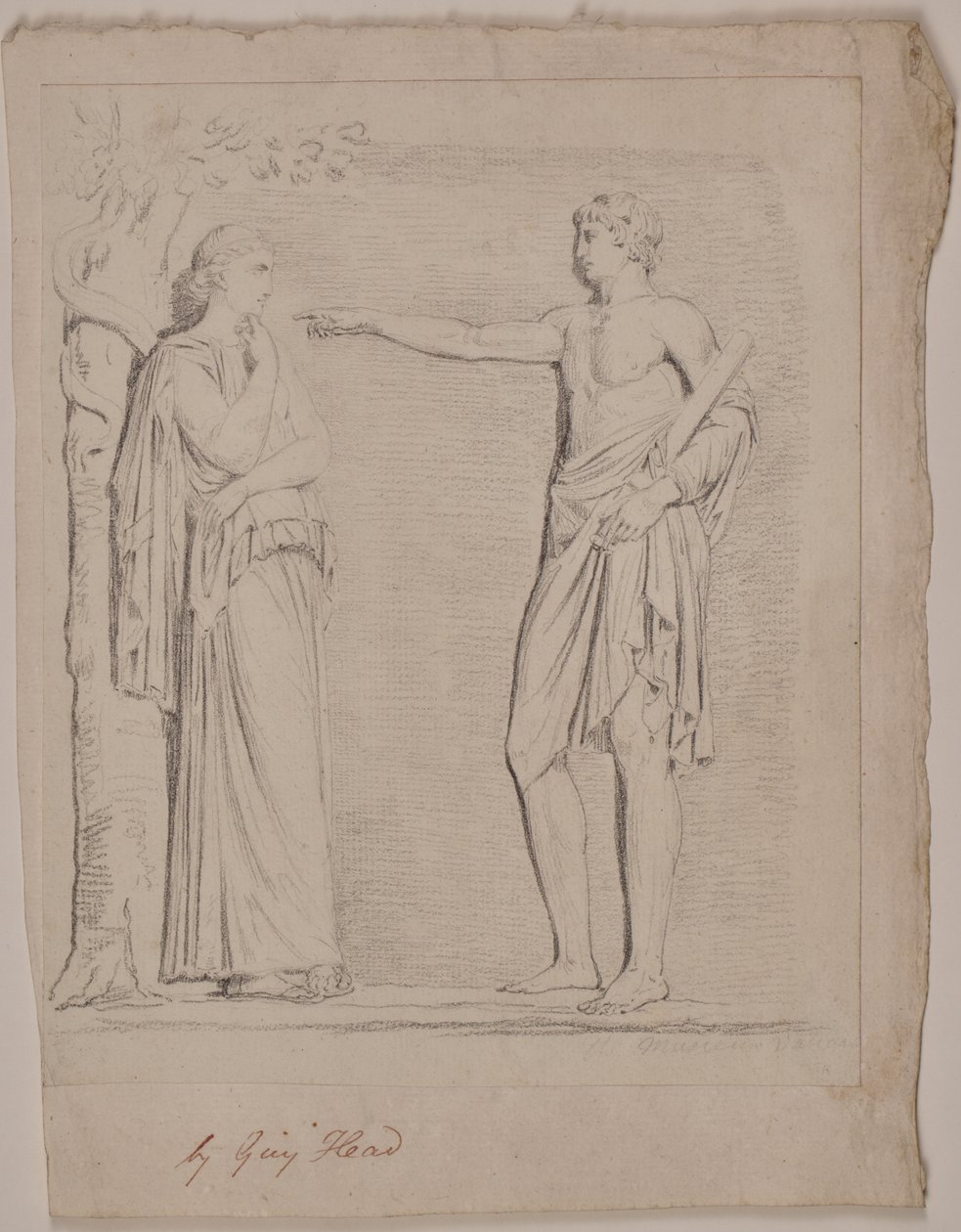 Full Length Classically Draped Female Standing by a Tree, Being Scaled by a Snake by Guy Head