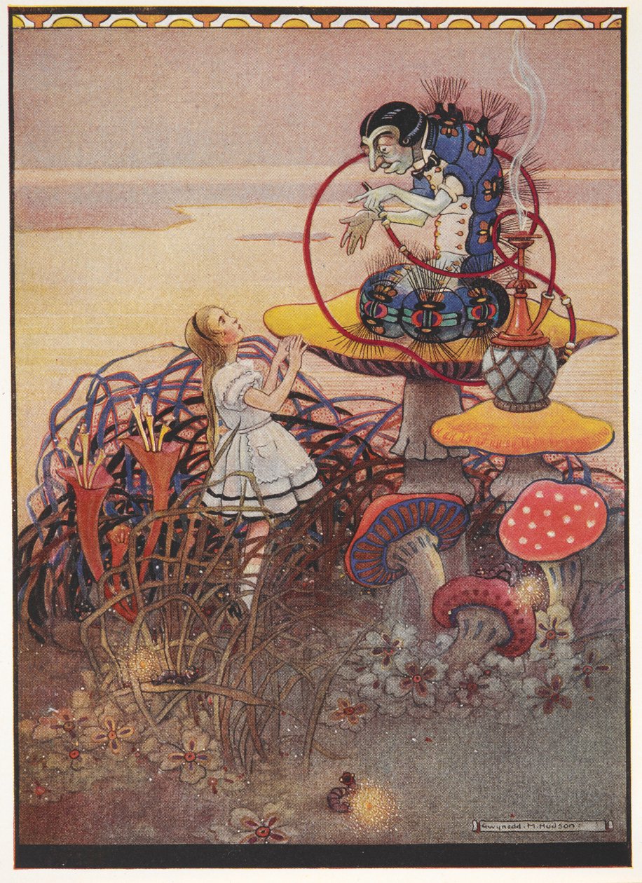 Alice talking to the Blue Caterpillar who is sitting on top of a giant mushroom, smoking a pipe by Gwynedd M. Hudson