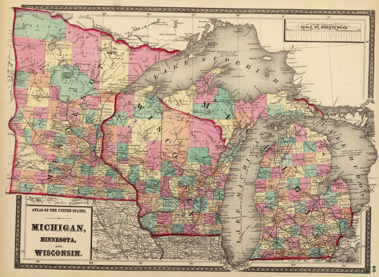 1872 Map of the States of Minnesota, Wisconsin, and Michigan by H. F.; Gray Walling