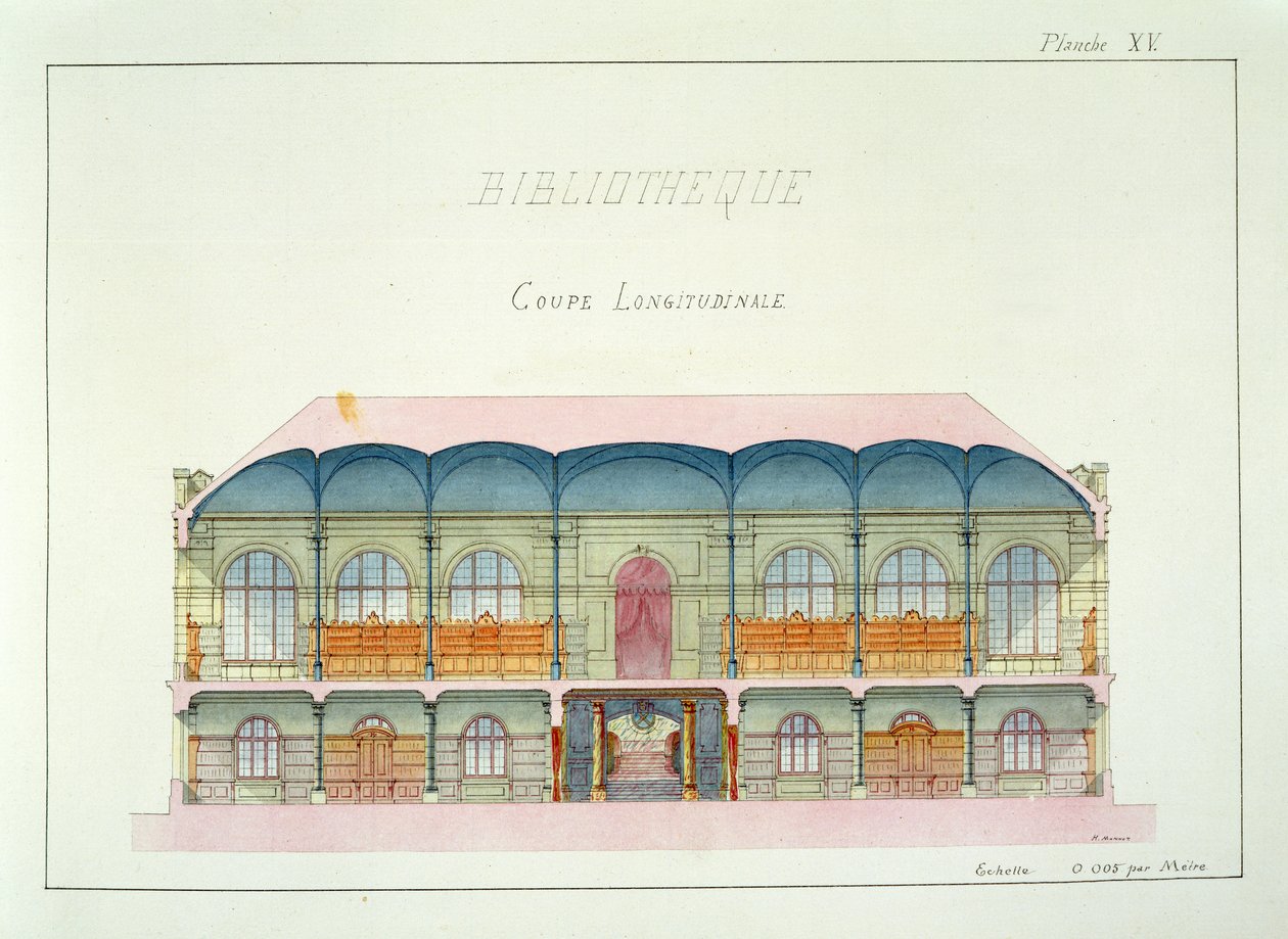 Cross section of a Library, plate XV from a folio of designs, c.1870 by H. Monnot