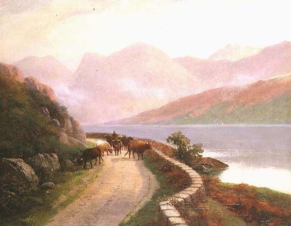 Drover with Cows by Lake Buttermere, Evening by H.R. Hall