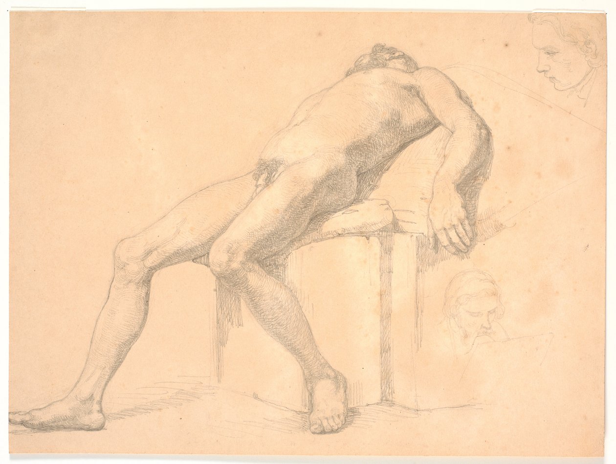 Study of a Male Nude Reclining Model. Two Portrait Heads, One Possibly Constantin Hansen by H.W. Bissen