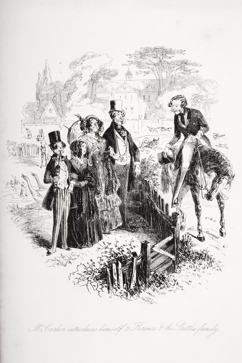 Mr. Carker introduces himself to Florence and the Skettles family, illustration from 