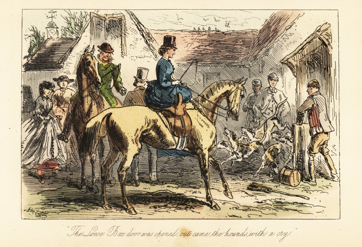 Huntsmen and women watch the fox-hounds let out of a pen before a hunt by after Hablot Knight Browne