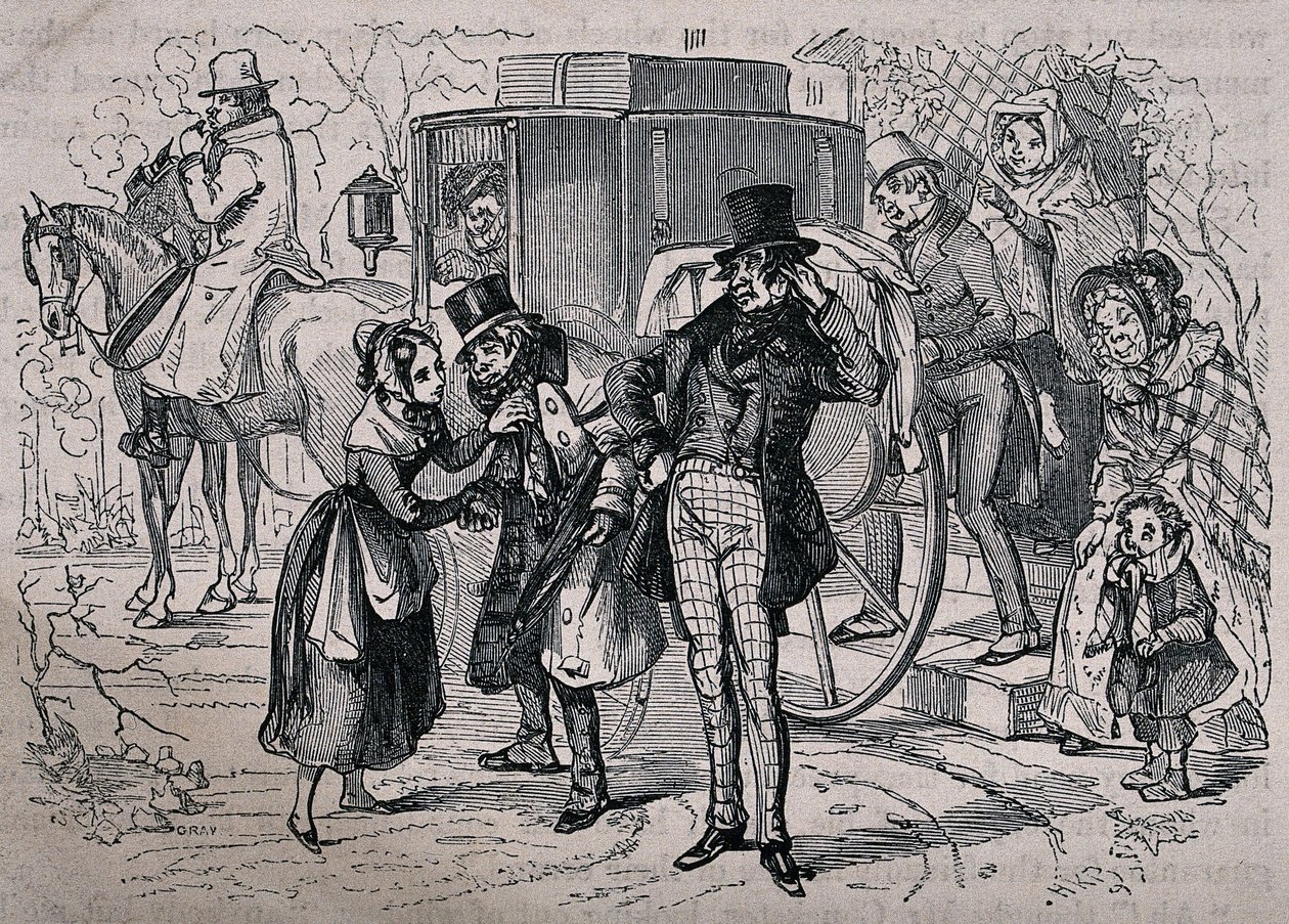 A young woman tends to a man who is looking ill, as people from the house climb into the carriage. Wood engraving by Gray after H.K. Browne. by Hablot Knight Browne