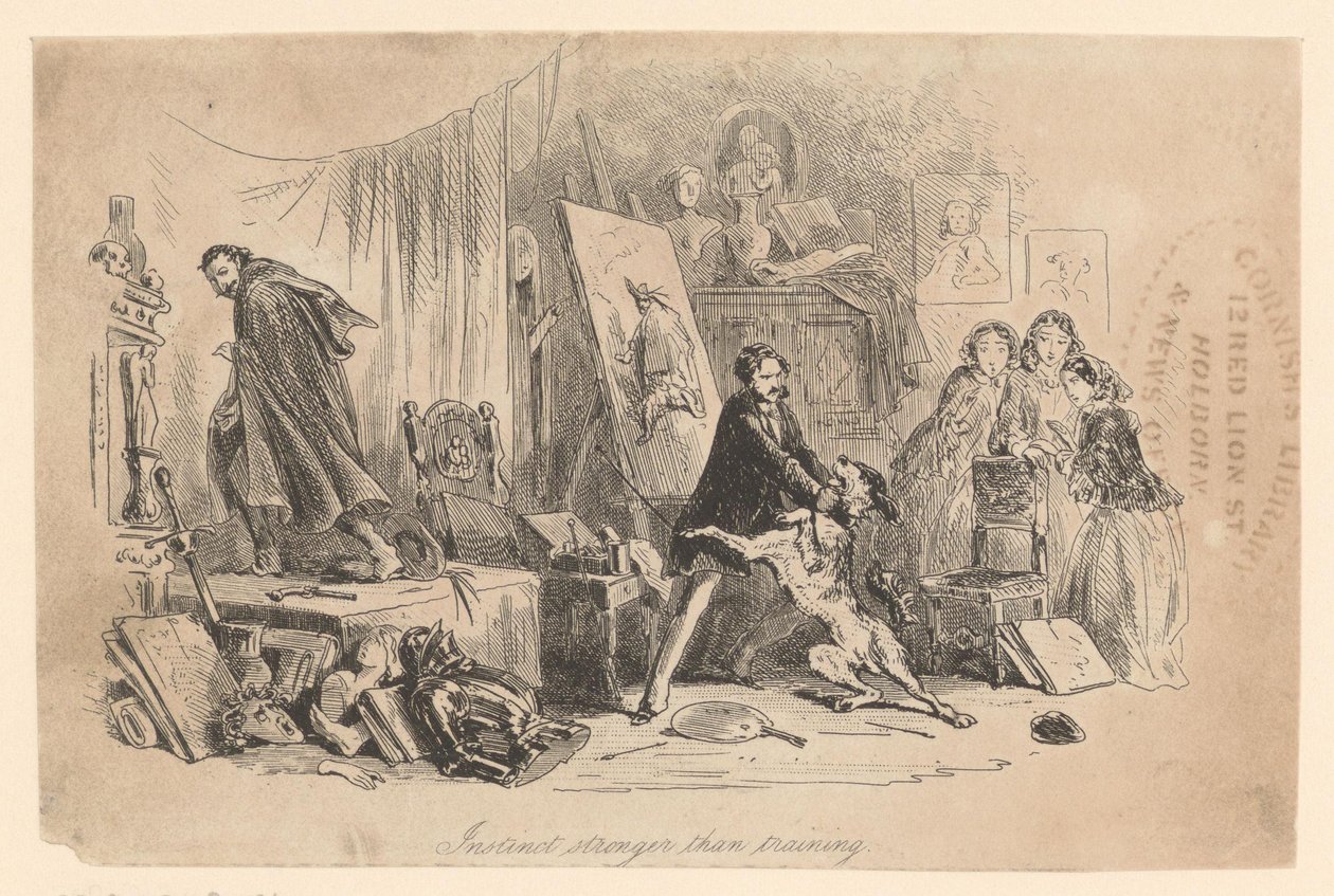 In his studio, Henry Gowan restrains his dog, which has just recognized the criminal Rigaud by Hablot Knight Browne