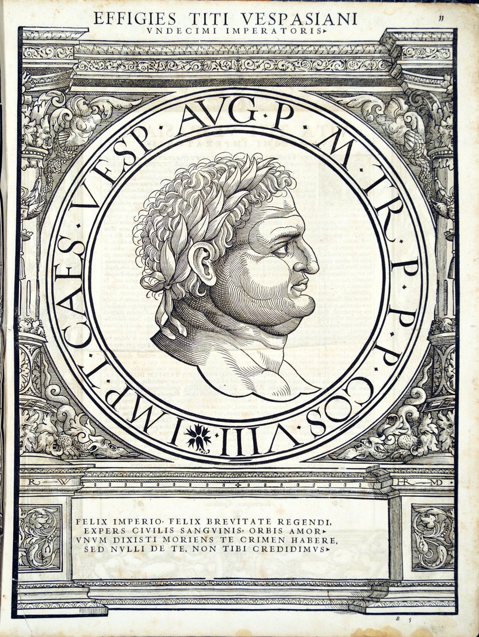 Titus Vespasianus, illustration from Imperatorum romanorum omnium orientalium et occidentalium verissimae imagines ex antiquis numismatis by Hans Rudolf Manuel Deutsch