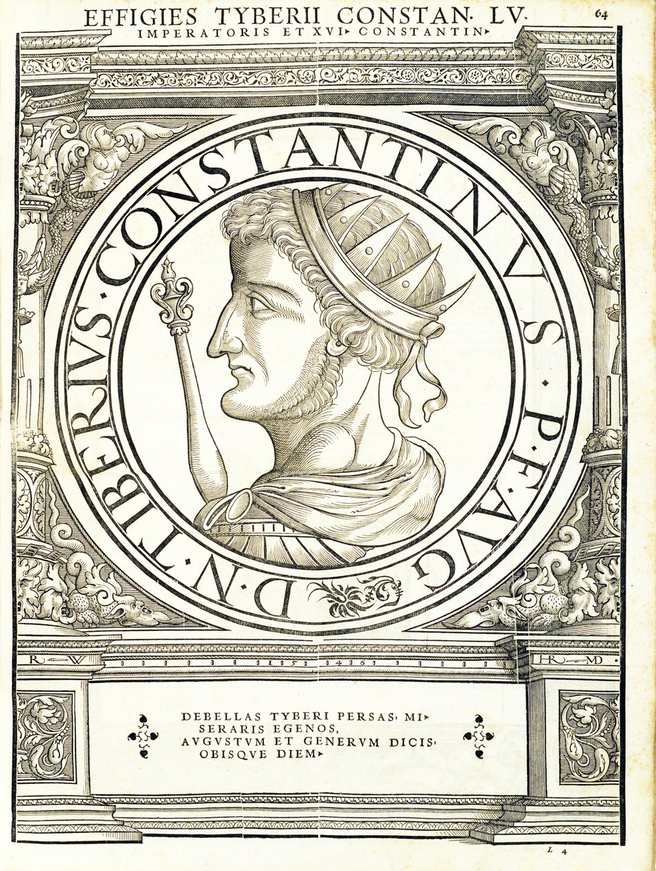 Tyberius Constantinus, illustration from Imperatorum Romanorum Omnium Orientalium et Occidentalium Verissimae Imagines ex Antiquis Numismatis by Hans Rudolf Manuel Deutsch