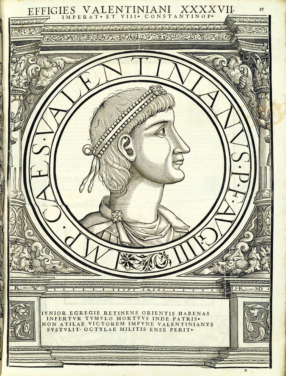 Valentinianus III, illustration from Imperatorum Romanorum Omnium Orientalium et Occidentalium Verissimae Imagines ex Antiquis Numismatis by Hans Rudolf Manuel Deutsch