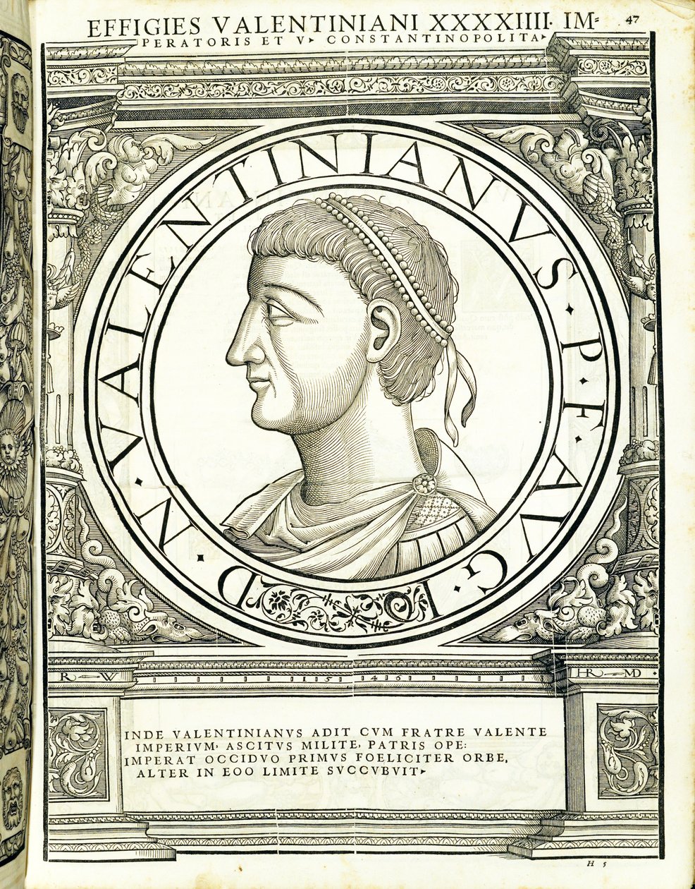 Valentinianus, illustration from Imperatorum Romanorum Omnium Orientalium et Occidentalium Verissimae Imagines ex Antiquis Numismatis by Hans Rudolf Manuel Deutsch