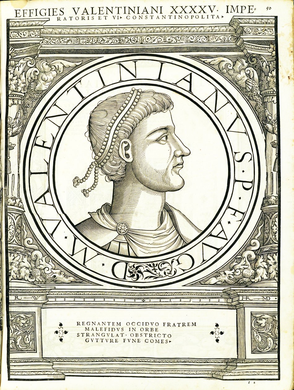 Valentinianus Iunior, illustration from Imperatorum Romanorum Omnium Orientalium et Occidentalium Verissimae Imagines ex Antiquis Numismatis by Hans Rudolf Manuel Deutsch