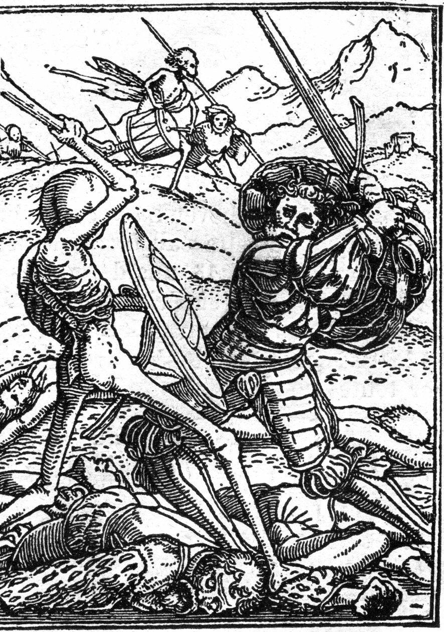 The Mock Death of Hans Holbein the Younger (1497-1543): The Soldier. A soldier fights Death; at their feet lie the bodies of other warriors. Engraving by Hans (after) Holbein the Younger