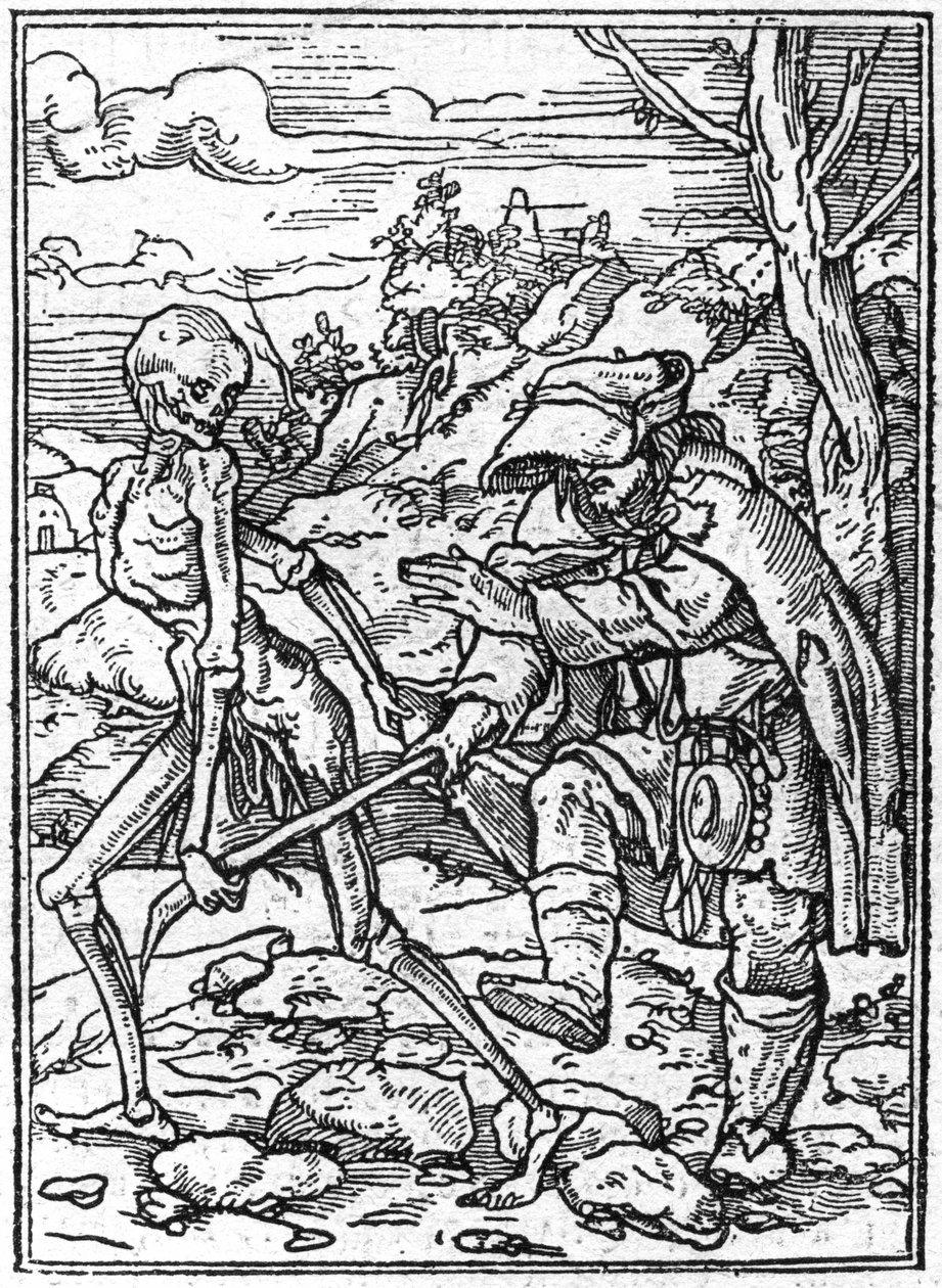 The simulacra of the death of Hans Holbein the Younger: the blind. Death grabs the stick of the blind and acts as a guide. Engraving. by Hans (after) Holbein the Younger