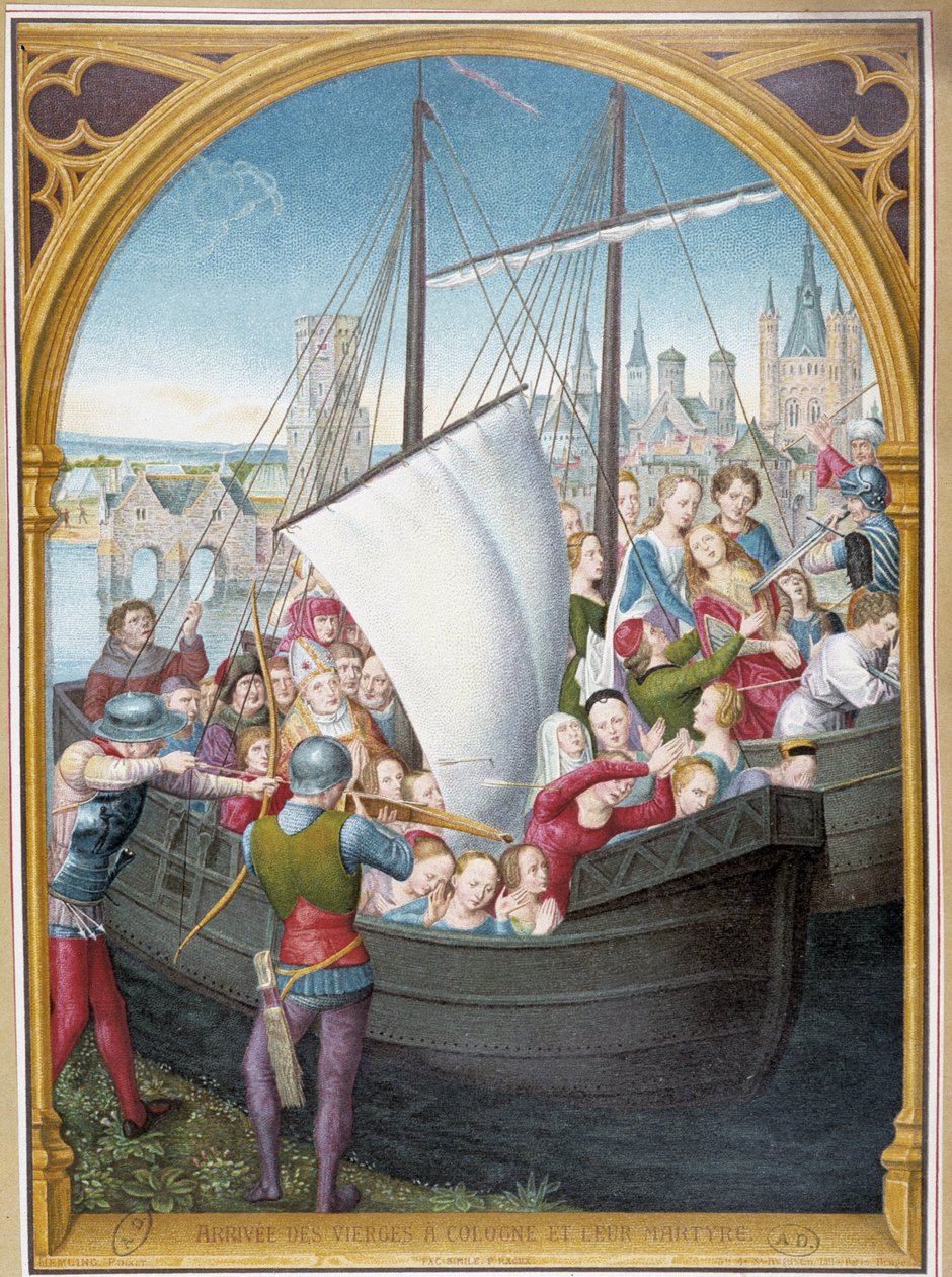 Landing of the virgins in Cologne and their martyrdom, from painting of Saint Ursula, Bruges, by Memling by Hans (after) Memling