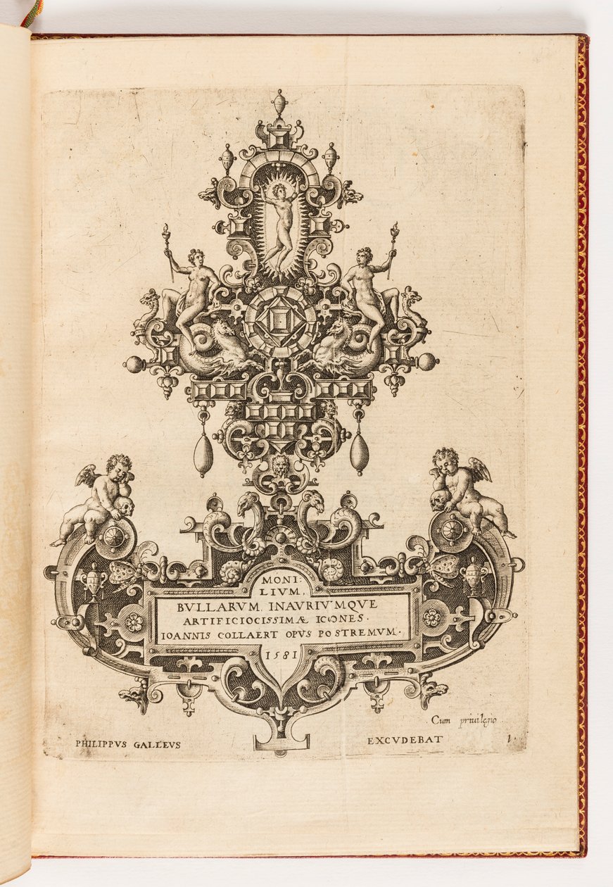 Plate 1, Title page from a suite of ten, entitled Designs for Necklaces, Pendants and Earrings of the Highest Skill, the Final Work by Joannis Collaert by Hans Collaert the Elder