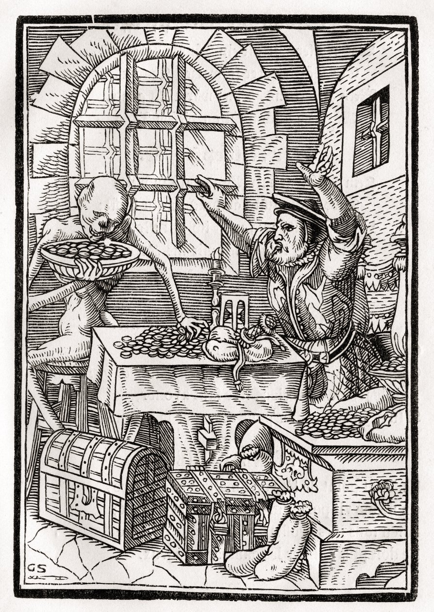 Death Comes to the Miser or Usurer, Engraved by Georg Scharffenberg, from 