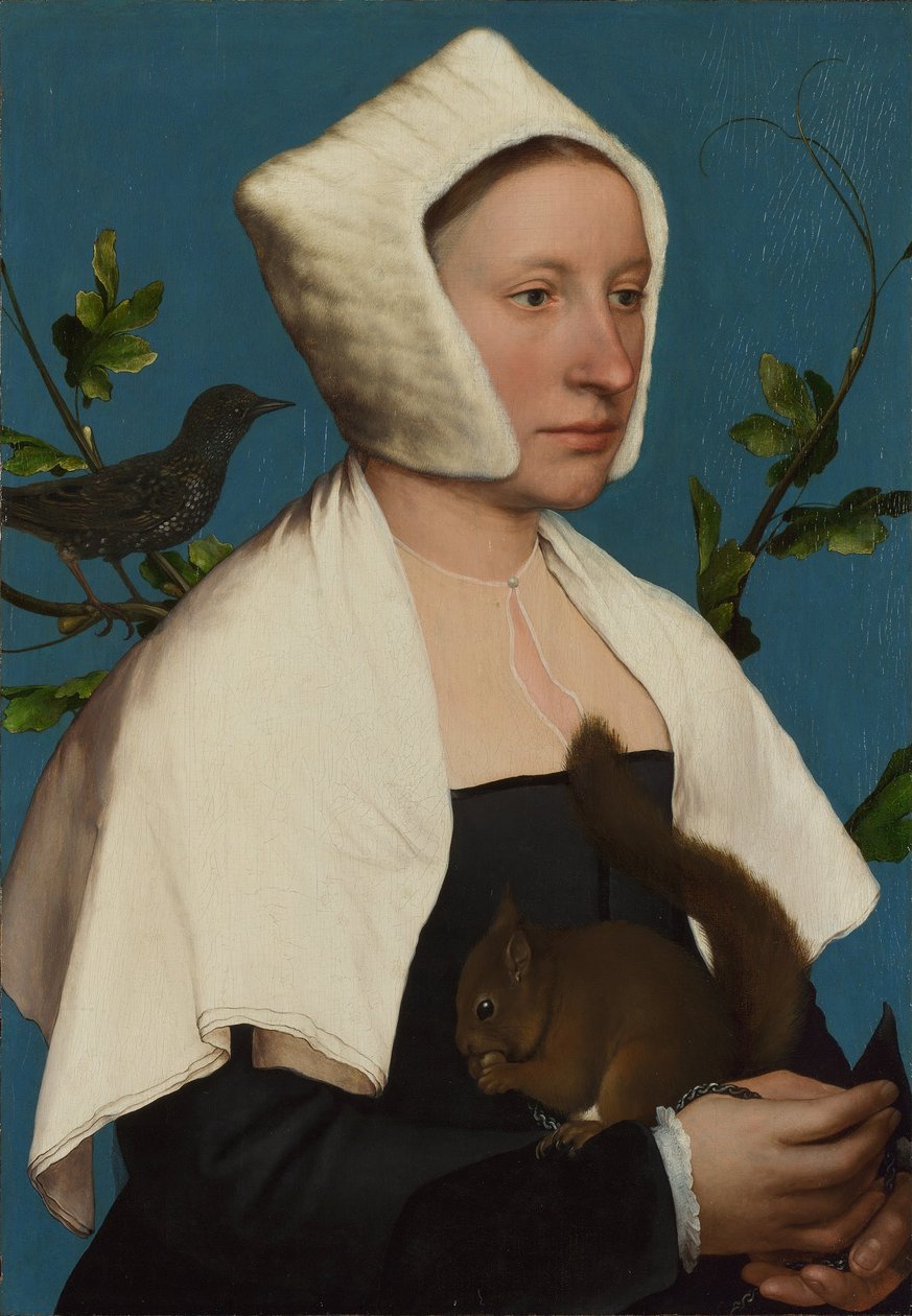 A Lady with a Squirrel and a Starling (Anne Lovell?) by Hans Holbein the Younger