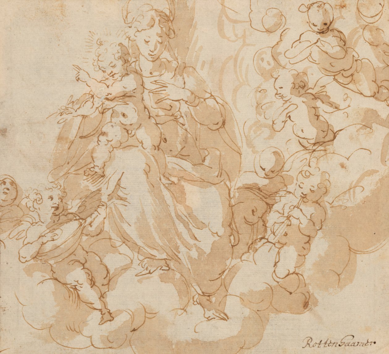 The Virgin and Child seated on clouds, surrounded by putti by Hans I or Johann Rottenhammer
