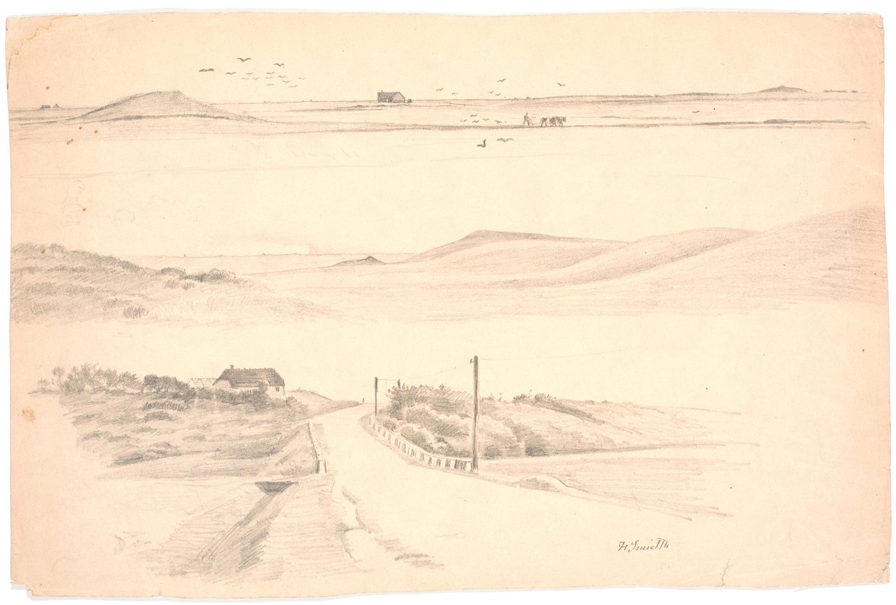 Study Sheet with Three Landscapes from Jutland. Top: Landscape with Plowed Field; Middle: Landscape with High Hills; Bottom: Landscape with House and Road by Hans Smidth