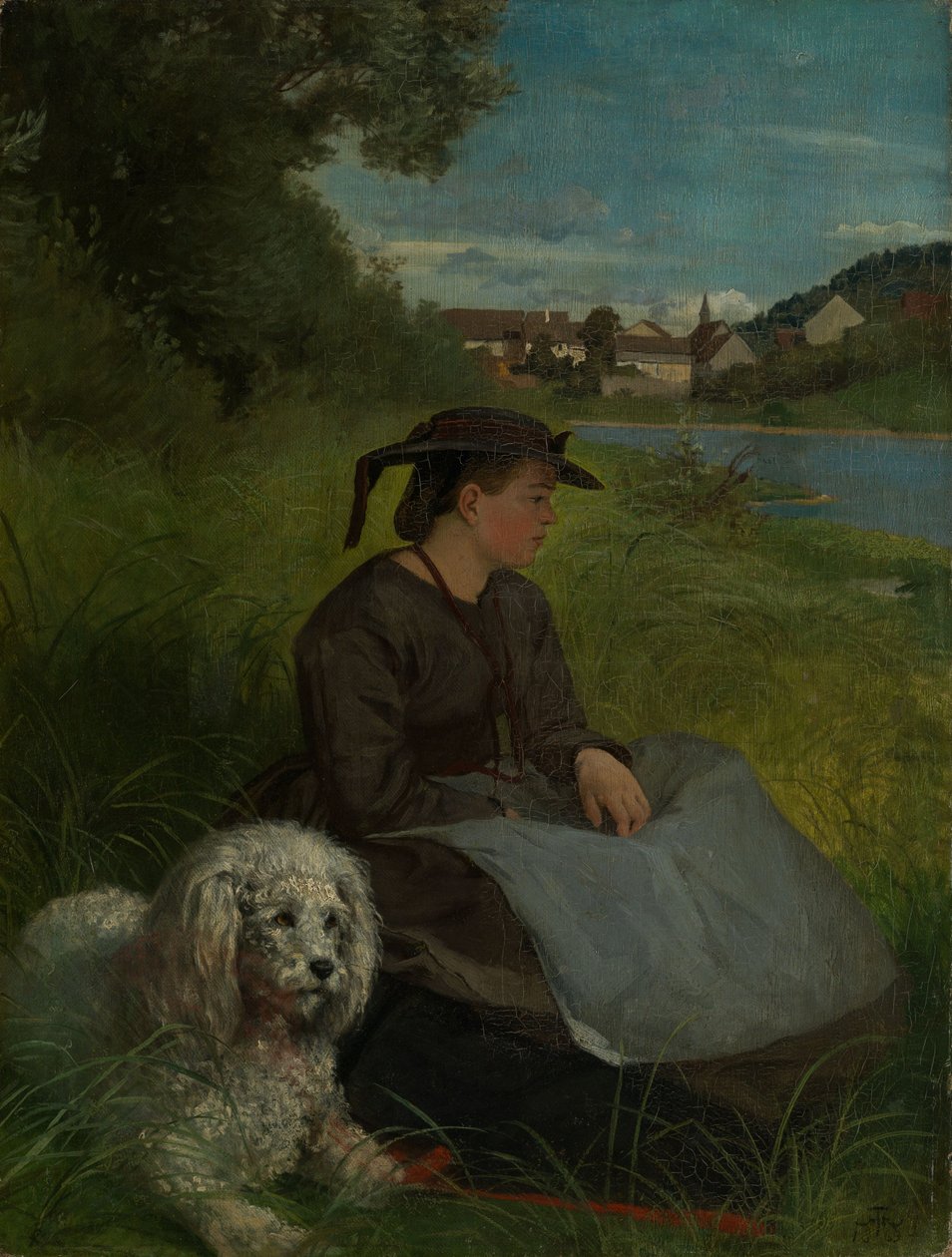Agathe with White Dog by Hans Thoma