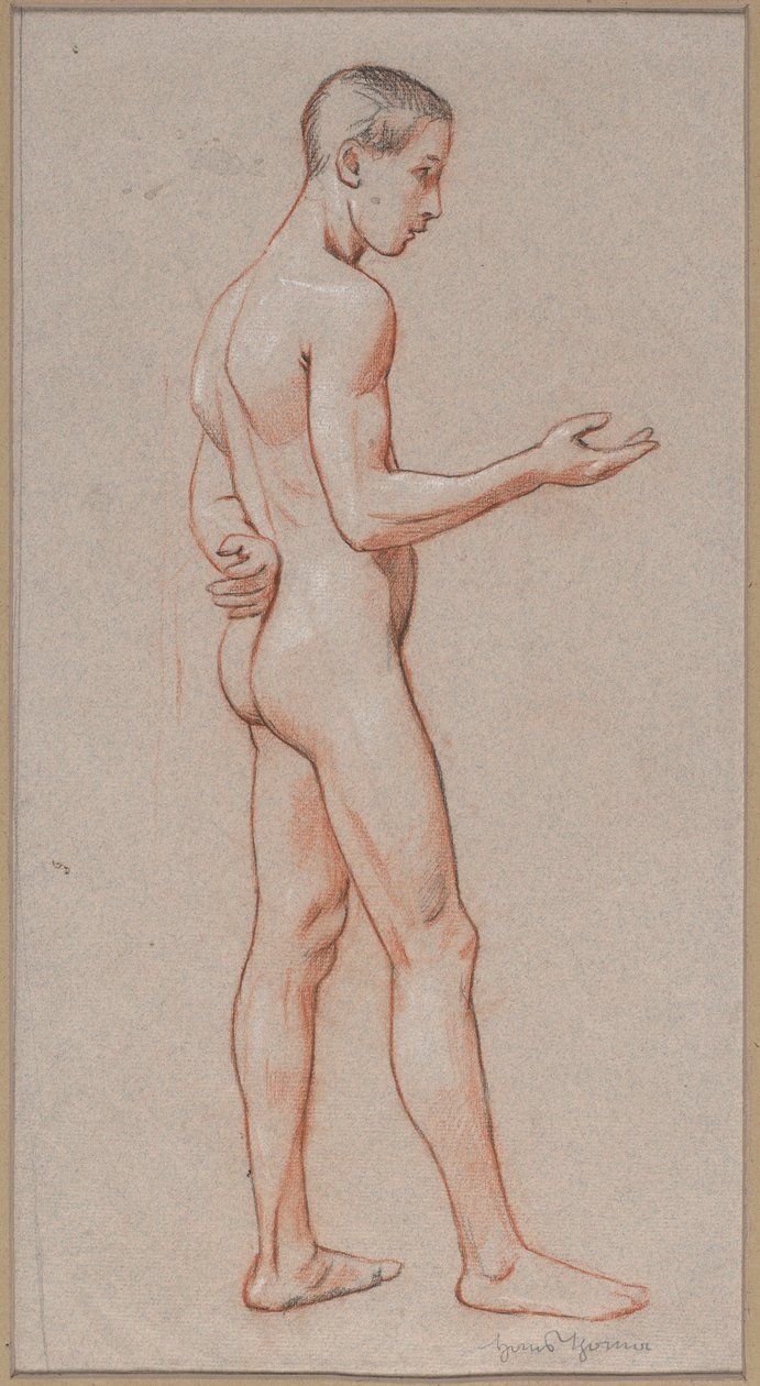 Nude Youth with Outstretched Arm, Standing in Profile by Hans Thoma