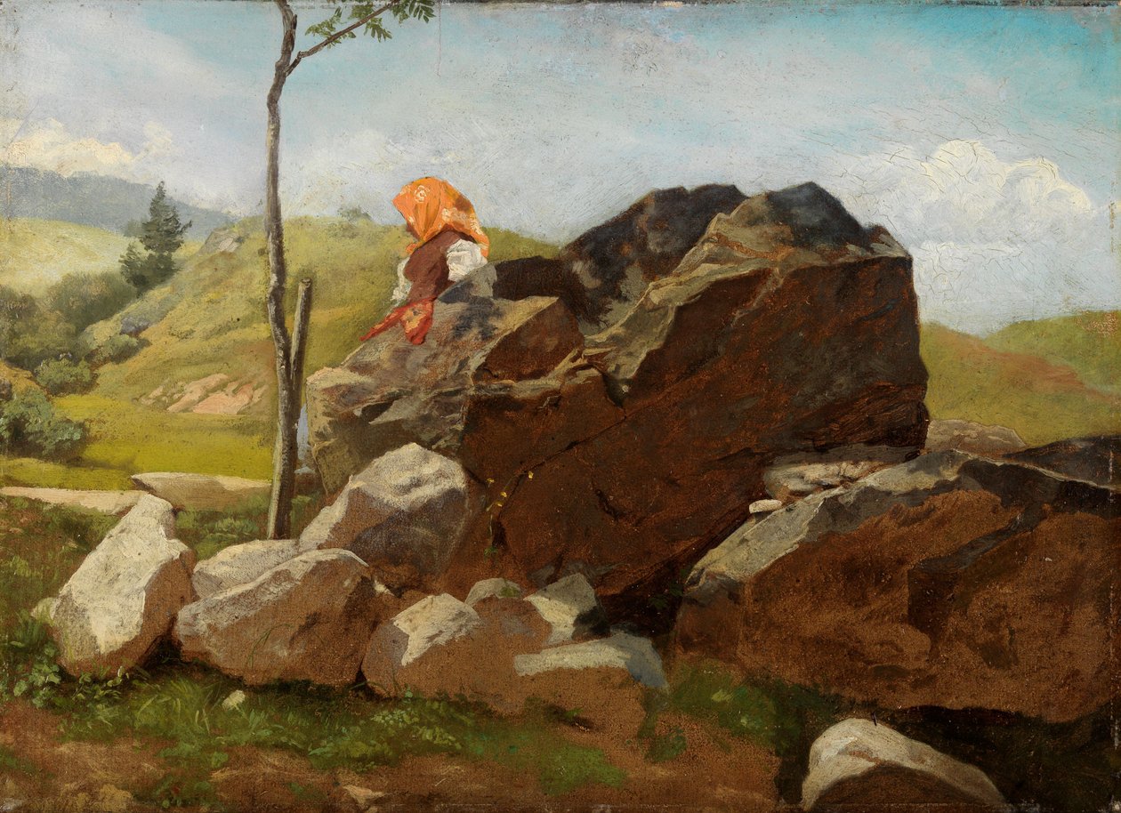 Rock Blocks with Seated Peasant Girl by Hans Thoma