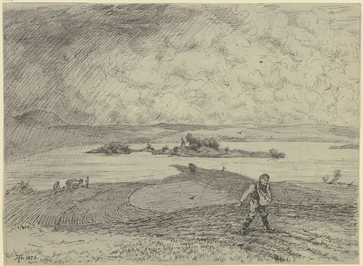 Landscape with Sower, in the Background a Lake with Island by Hans Thoma