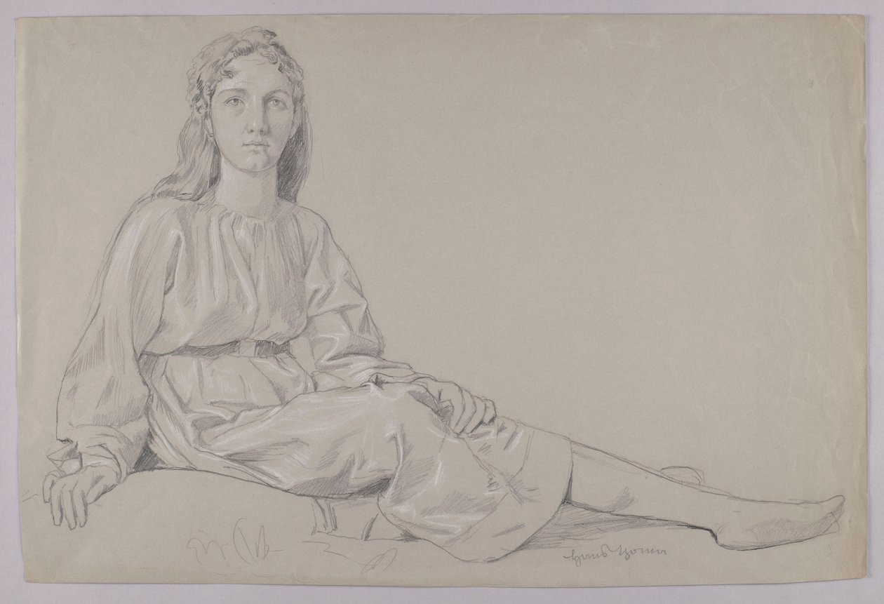 Young Woman in a Tunic, Sitting on the Grass by Hans Thoma