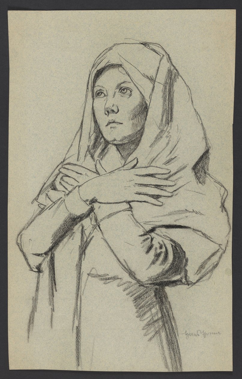 Study of a Young Woman in a Long Shawl, with Arms Crossed on Her Chest by Hans Thoma