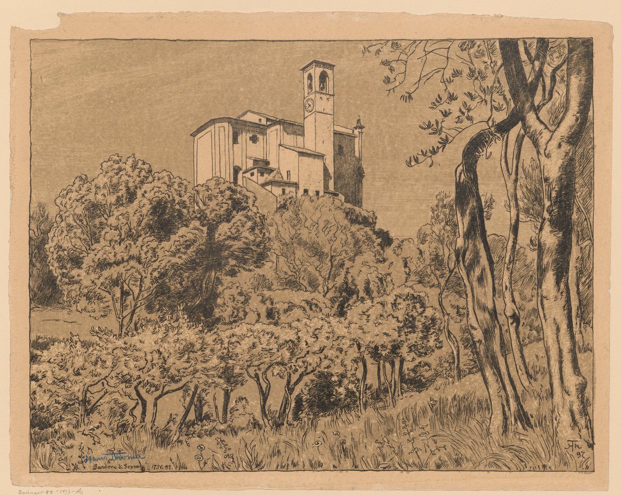 View of St. Nicholas the Wonderworker Church on the Hill in Gardone Riviera by Lake Garda, Lombardy by Hans Thoma