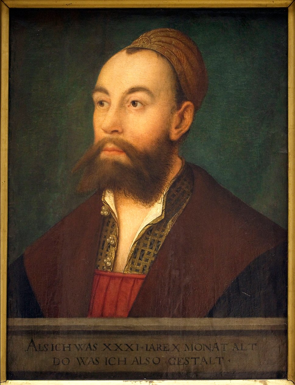 Portrait of the Banker Anton Fugger (1493-1560) (in the text: Represented as He Was at the Age of 31 Years and 10 Months) - Painting by Hans Maler (1480-1526 or 1529), Oil on Canvas, circa 1525 - German Art 16th Century - Musee des Beaux Arts by Hans or Johan Maler