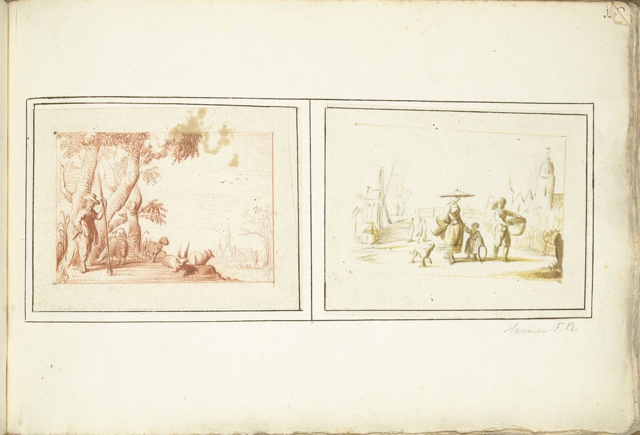 Shepherd with His Cattle and Street Scene by Harmen ter Borch (signed by artist)