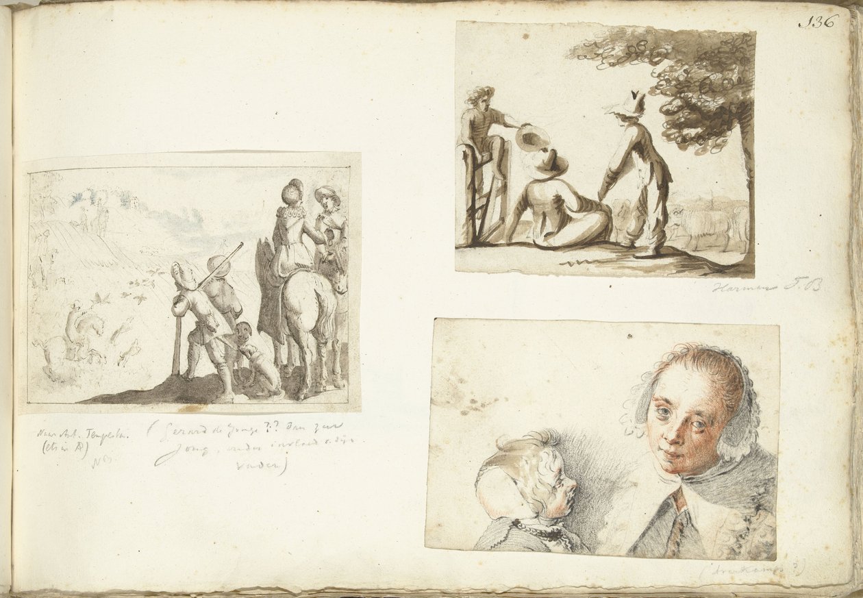 Hunters with Falcons, Shepherd Boys, and Woman with Child by Harmen ter Borch
