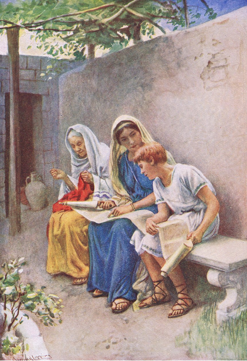 Timothy being taught the scriptures, illustration from Harold Copping Pictures: The Crown Series by Harold Copping