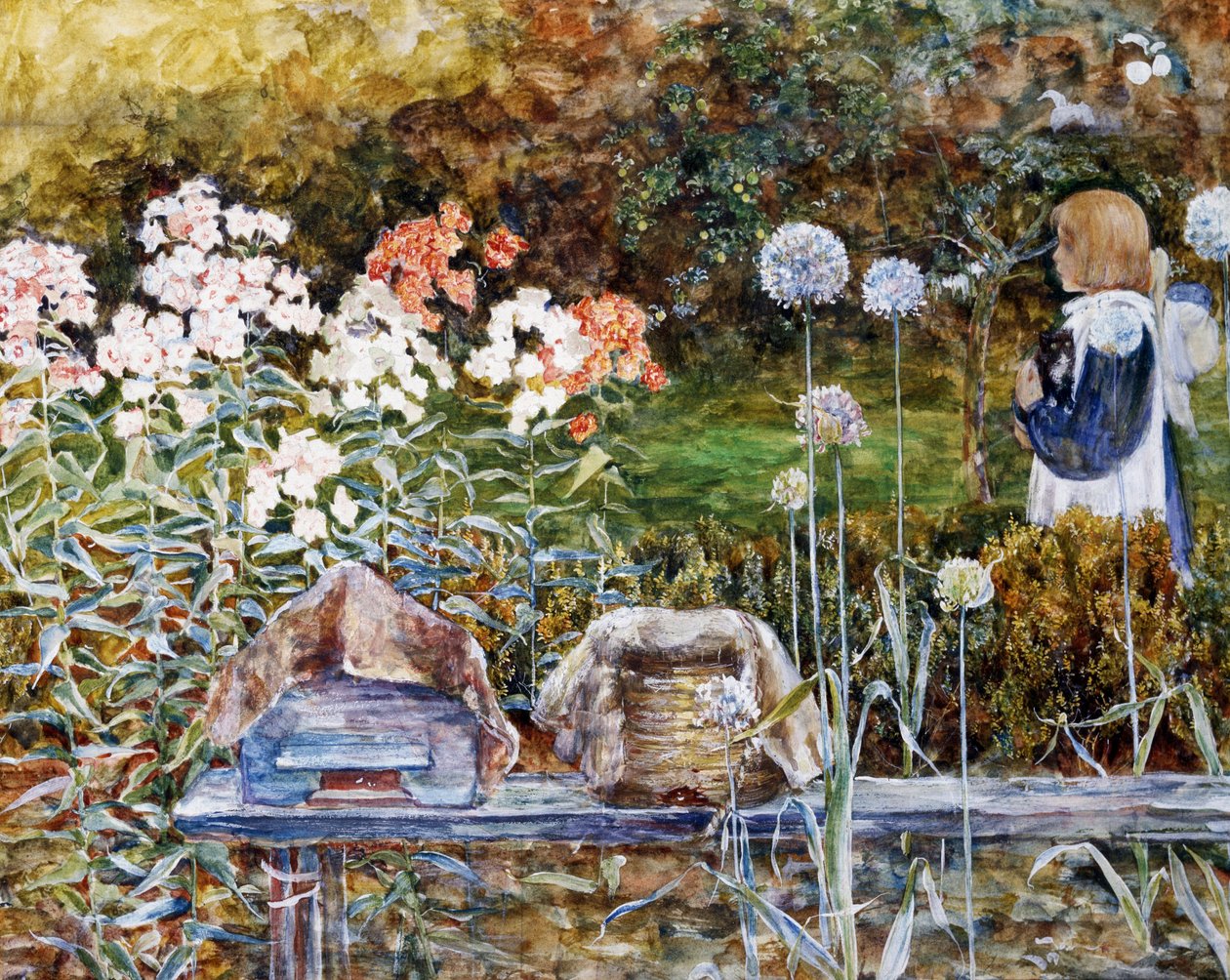 Near Exeter. A little girl crosses a flower garden with a cat in her arms. Painting by Harold Sutton Palmer (1854-1933 British) Private collection by Harold Sutton Palmer