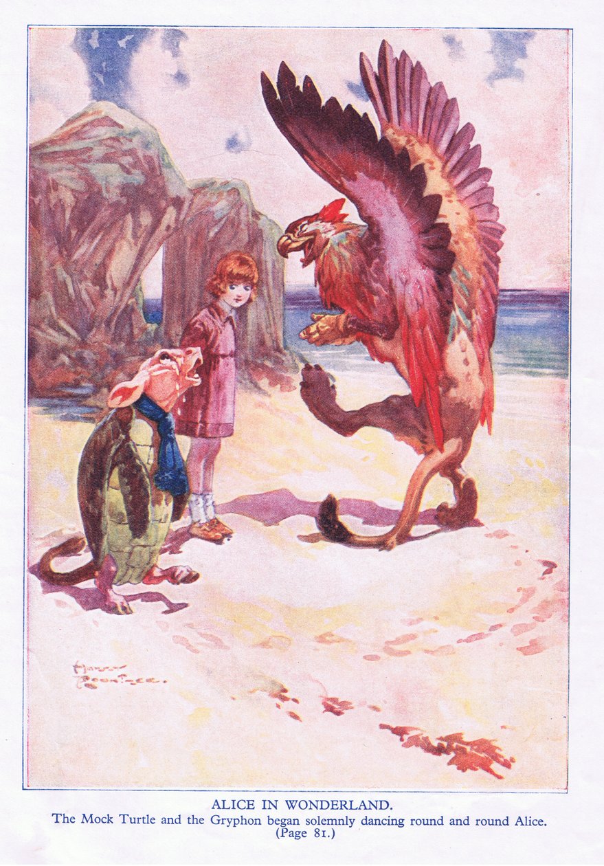 The mock turtle and Gryphon began solemnly facing round and round Alice by Harry Rountree