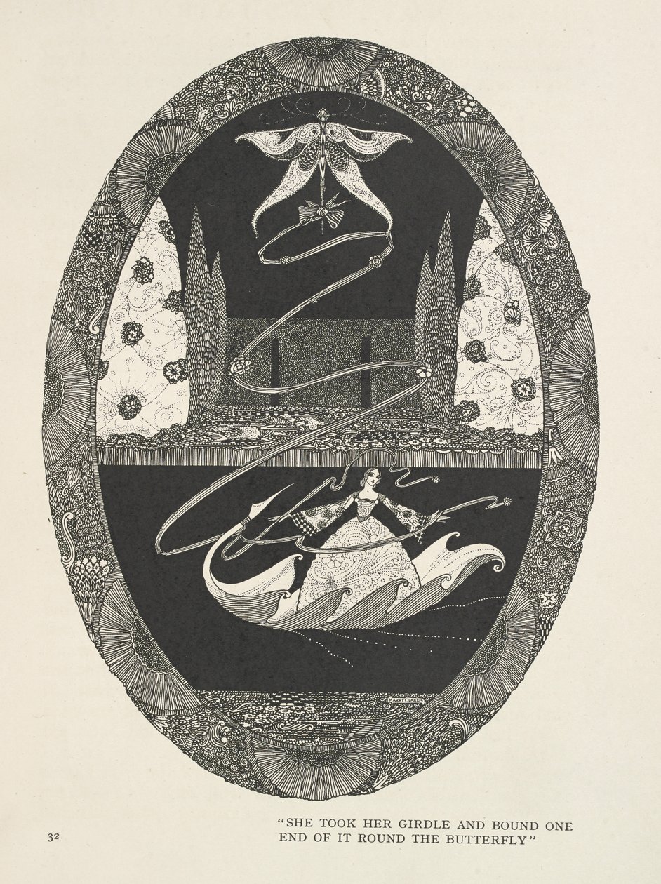 Thumbelina "She Took Her Girdle and Bound One End of It Round the Butterfly" by Harry Clarke