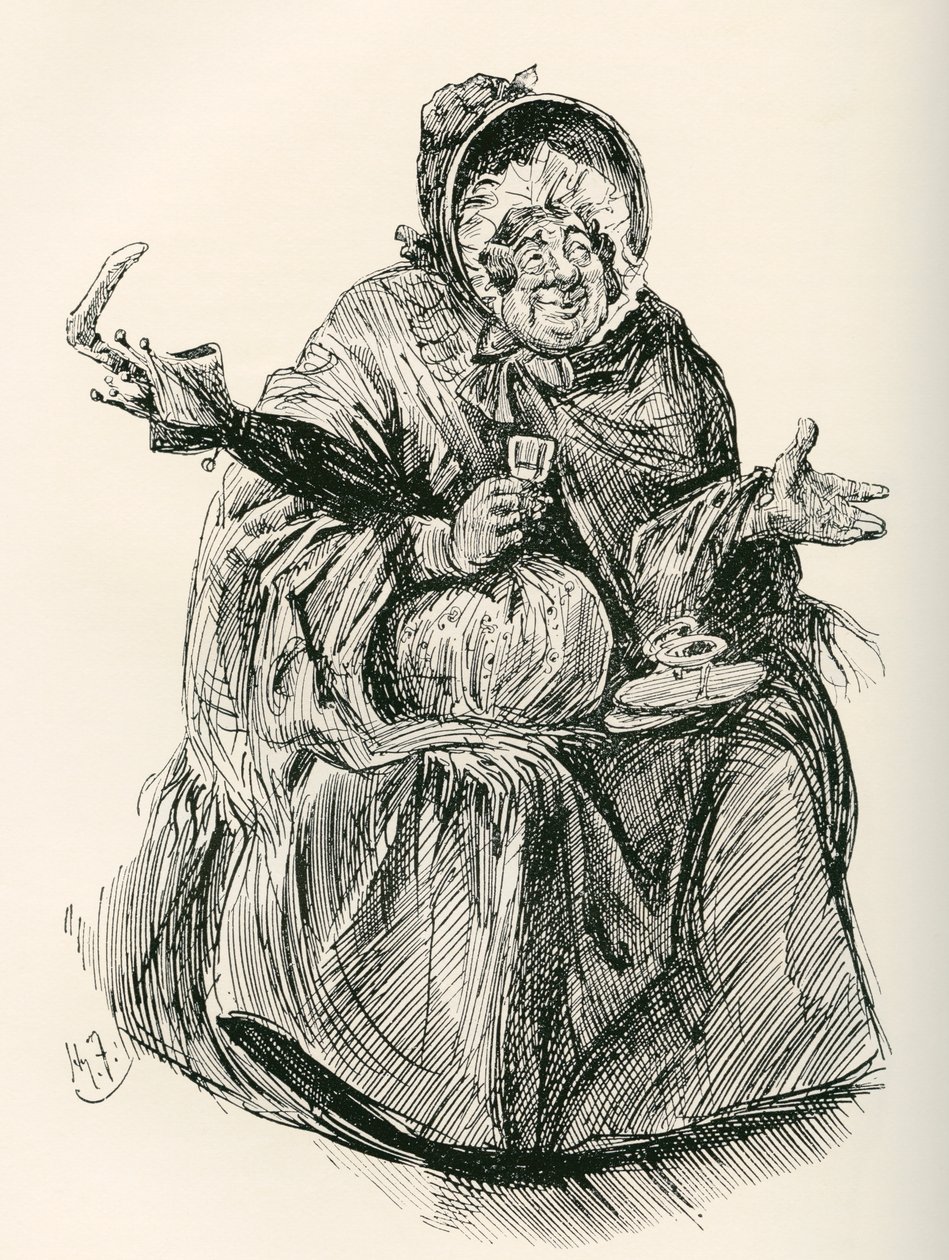 Mrs. Gamp. Illustration by Harry Furniss for the Charles Dickens Novel Martin Chuzzlewit, from The Testimonial Edition, Published 1910. by Harry Furniss
